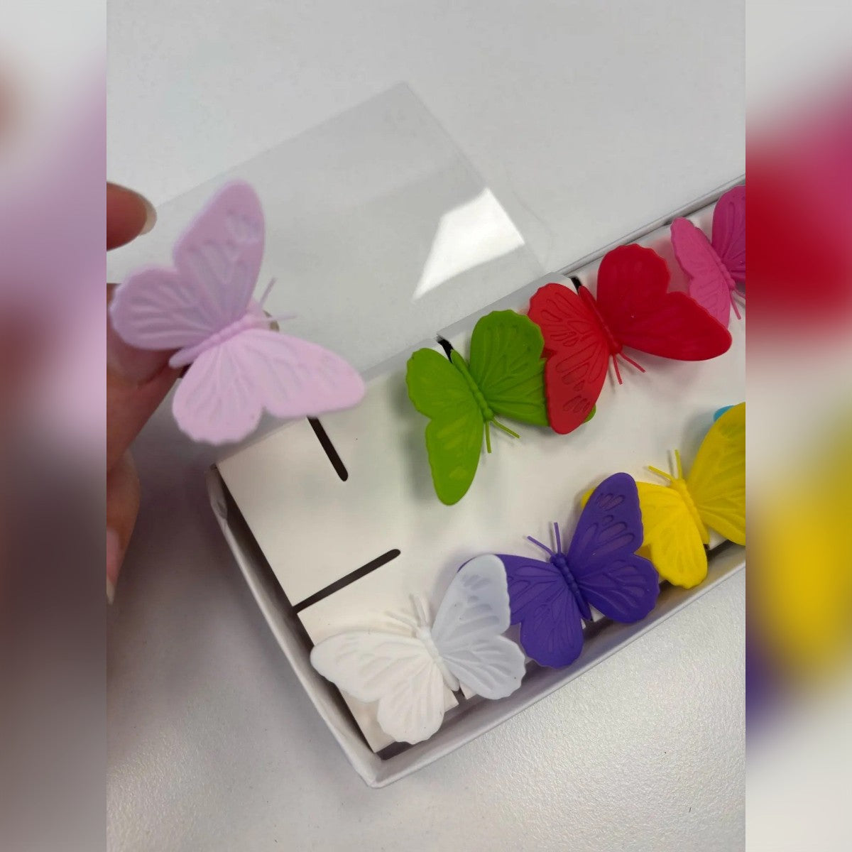 Foto di un cliente: le farfalle segnabicchieri colorate nella loro scatola