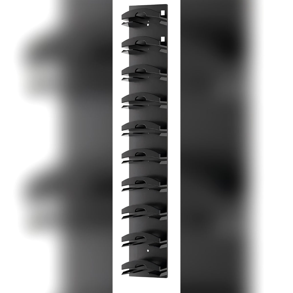 Porta cappelli da parete nero visto di lato: una striscia verticale con 10 ganci curvi per i cappellini