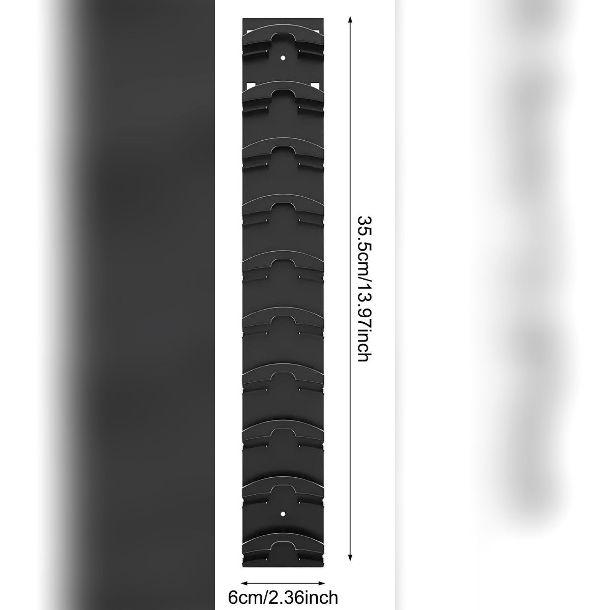 Porta cappelli nero visto di fronte con le misure del fornitore: 35,5 cm di altezza e 6 cm di larghezza