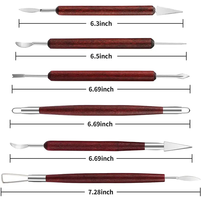 Disegno con le misure: sei strumenti da 6,3–7,28 pollici, circa 16–18,5 cm