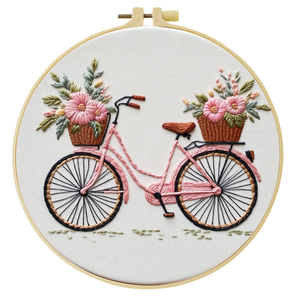 Il disegno della bicicletta ricamato, visto da vicino nel telaio
