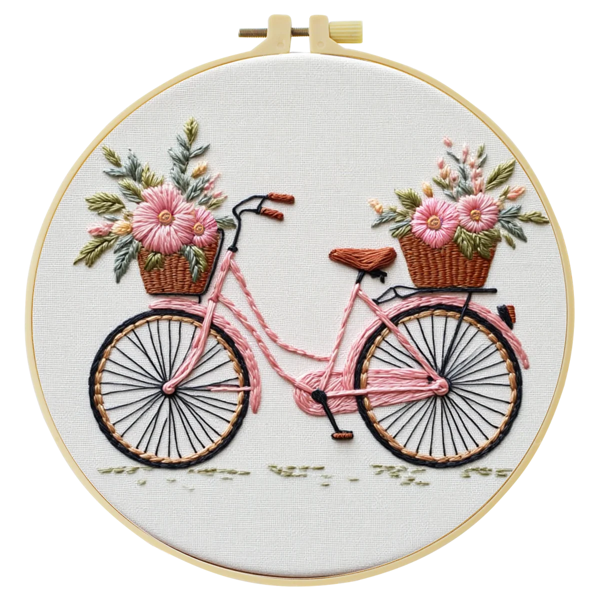 Il disegno della bicicletta ricamato, visto da vicino nel telaio