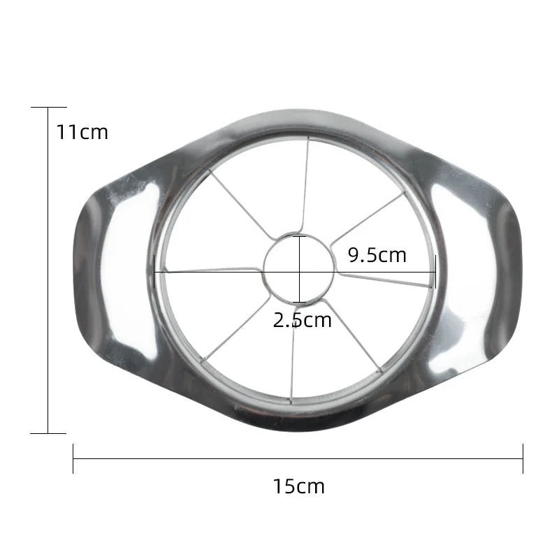 Il taglia mele visto dall'alto con le misure: 15 × 11 cm, anello di 9,5 cm e anello per il torsolo di 2,5 cm