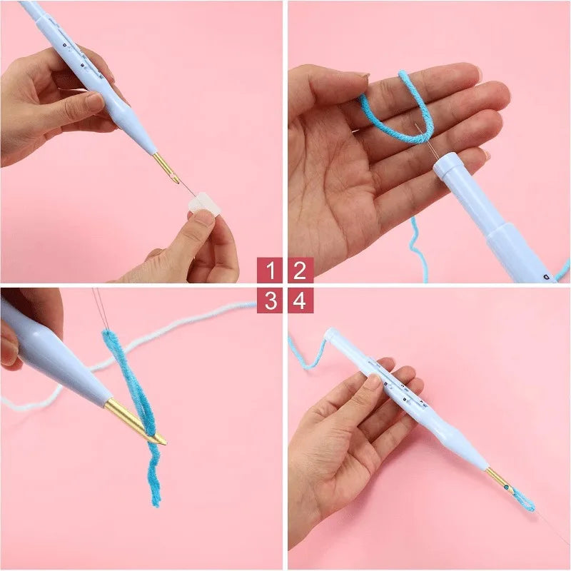 Il filato viene infilato nella penna punch needle in quattro passaggi