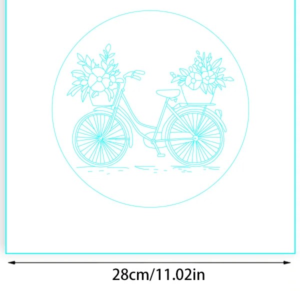 Il tessuto con il disegno della bicicletta stampato a linee blu, circa 28 × 28 cm