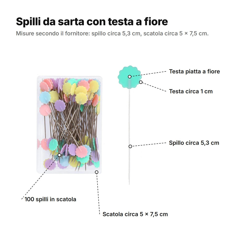 Gli spilli spiegati: testa piatta a fiore di circa 1 cm, spillo di circa 5,3 cm, 100 spilli in una scatola di circa 5 × 7,5 cm