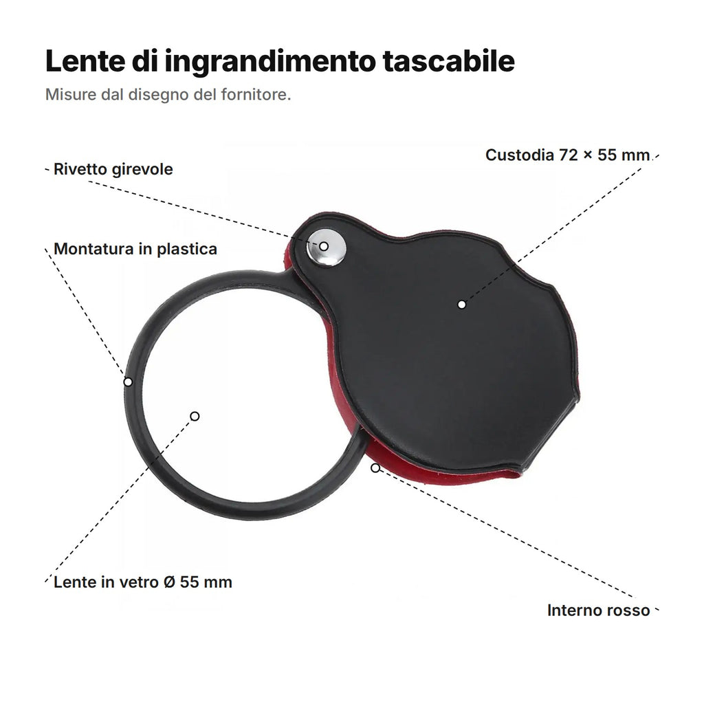 Lente di ingrandimento tascabile con didascalie: lente in vetro Ø 55 mm, montatura in plastica, rivetto girevole, custodia 72 × 55 mm e interno rosso