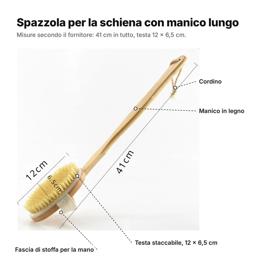 La spazzola spiegata: cordino, manico in legno, testa staccabile di 12 × 6,5 cm e fascia di stoffa per la mano