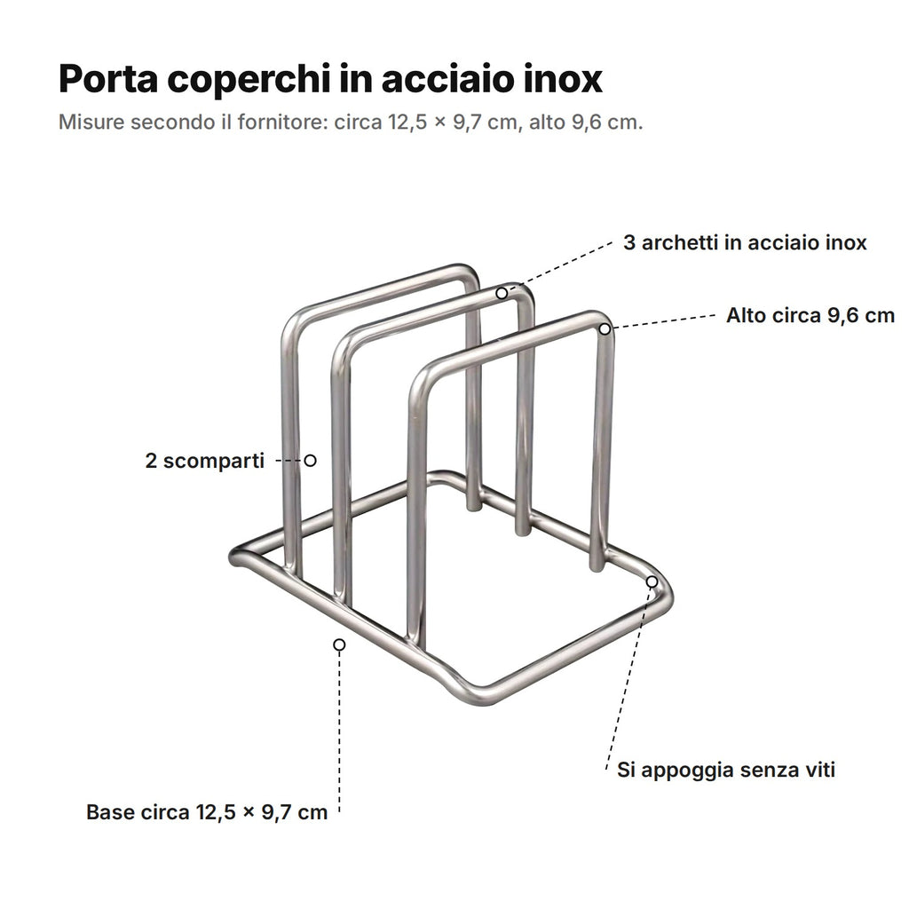 Il porta coperchi spiegato: 3 archetti in acciaio inox, 2 scomparti, alto circa 9,6 cm e base di circa 12,5 × 9,7 cm