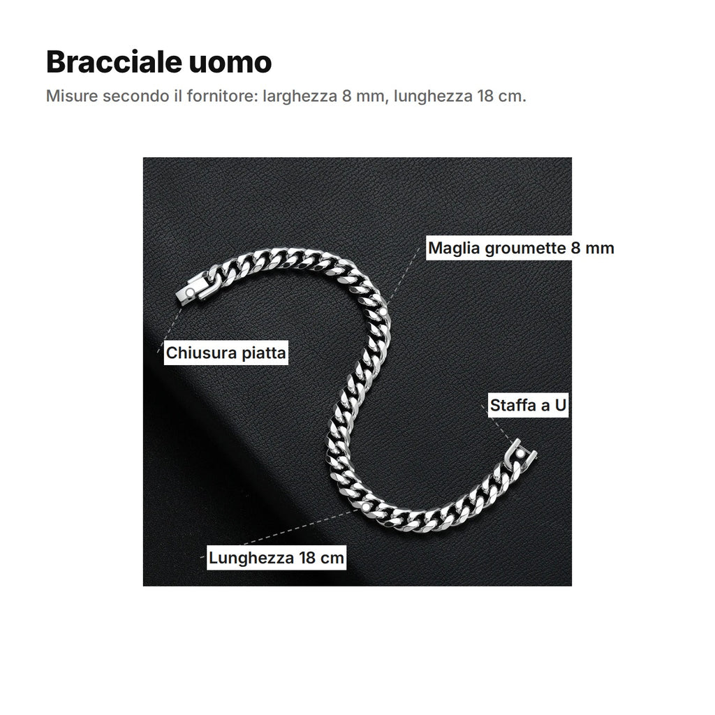 Bracciale uomo spiegato: chiusura piatta, staffa a U, maglia groumette 8 mm, lunghezza 18 cm