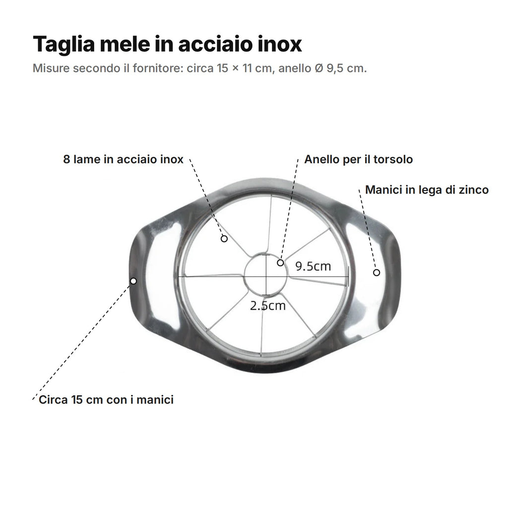 Il taglia mele spiegato: 8 lame in acciaio inox, anello per il torsolo, manici in lega di zinco, circa 15 cm con i manici