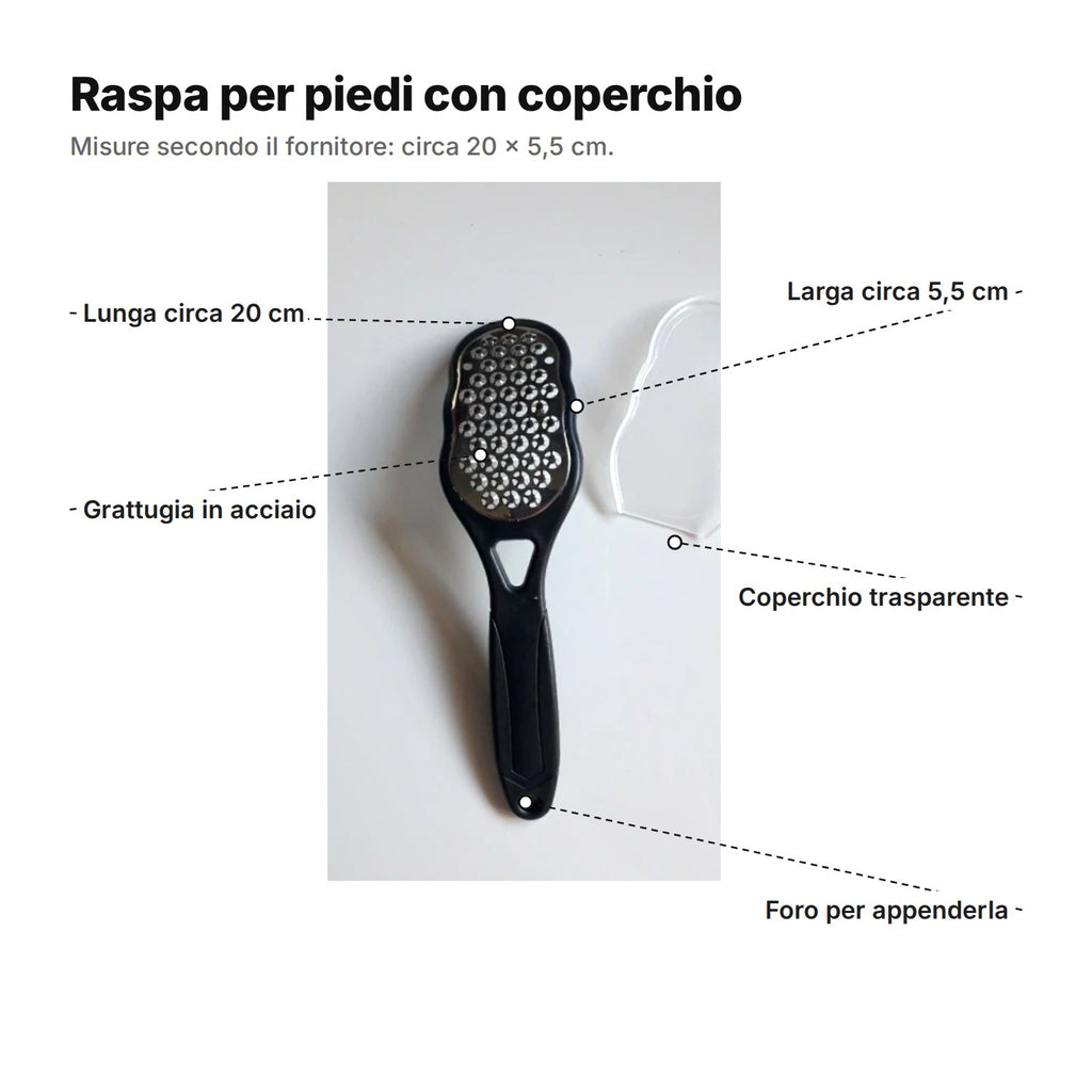 Raspa per piedi con coperchio spiegata: lunga circa 20 cm, grattugia in acciaio larga circa 5,5 cm, coperchio trasparente e foro per appenderla
