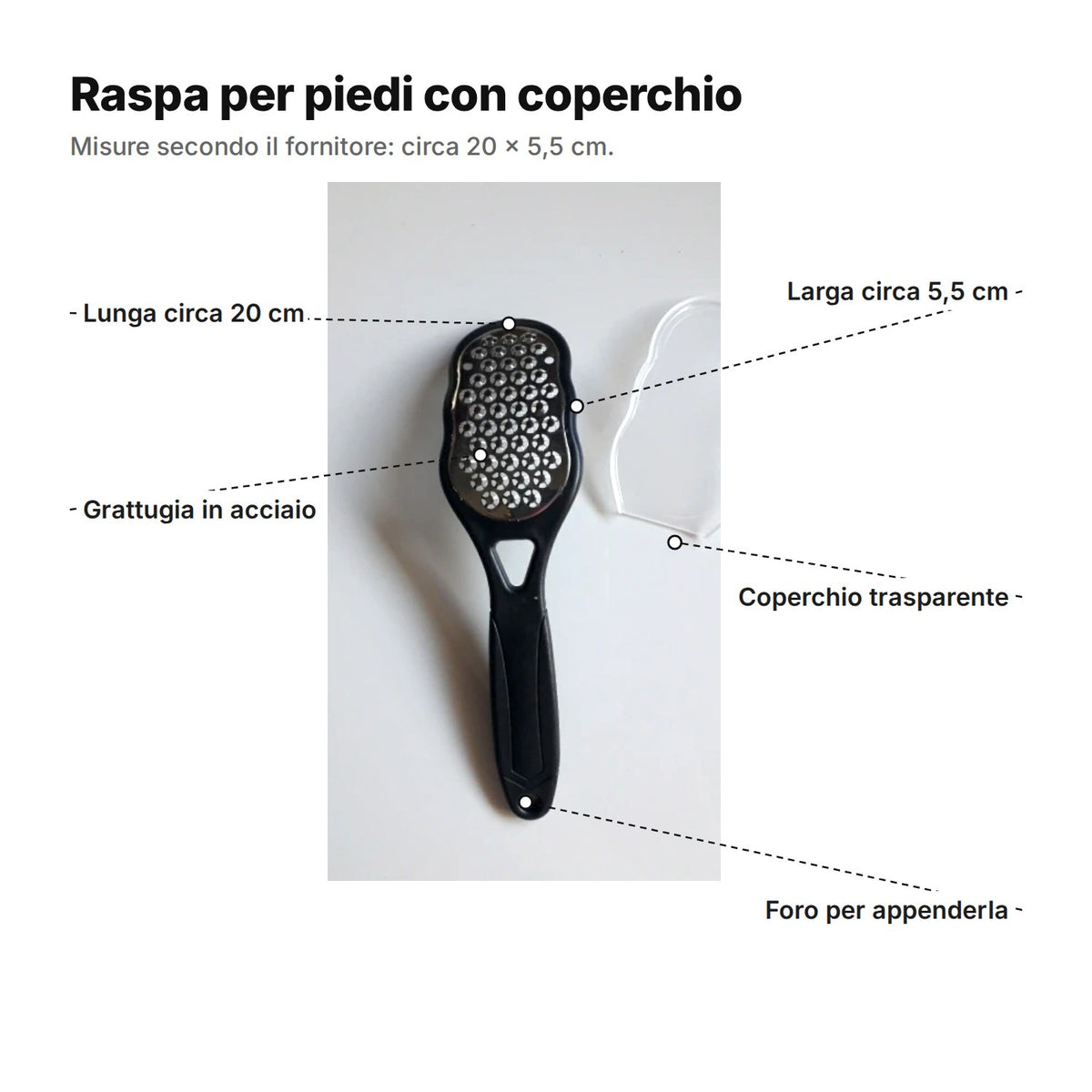 Raspa per piedi con coperchio spiegata: lunga circa 20 cm, grattugia in acciaio larga circa 5,5 cm, coperchio trasparente e foro per appenderla