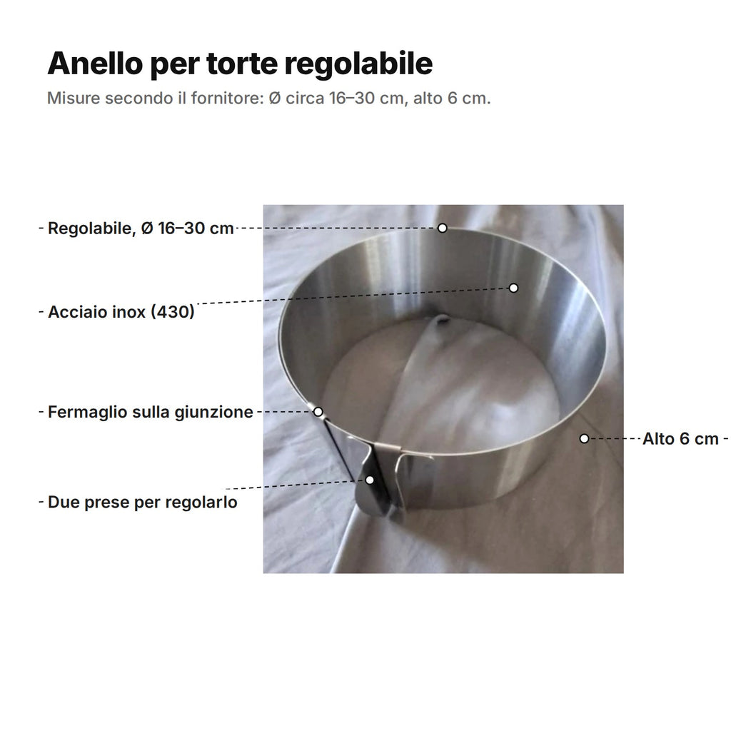 L'anello per torte spiegato: regolabile Ø circa 16–30 cm, acciaio inox (430), fermaglio sulla giunzione, due prese per regolarlo, alto 6 cm