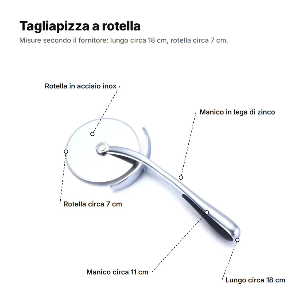 Il tagliapizza spiegato: rotella in acciaio inox di circa 7 cm, manico in lega di zinco di circa 11 cm, lungo circa 18 cm in tutto