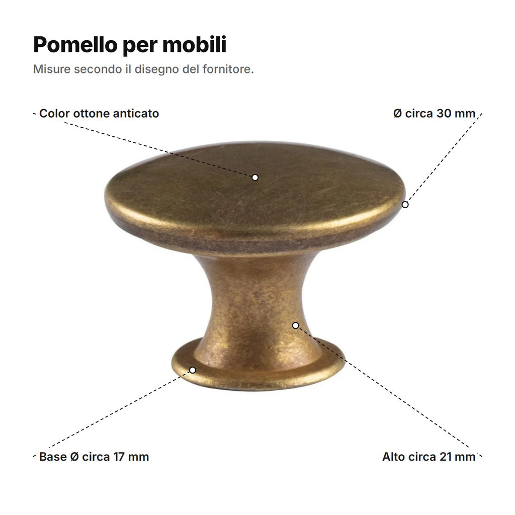 Pomello per mobili spiegato: color ottone anticato, Ø circa 30 mm, alto circa 21 mm, base Ø circa 17 mm