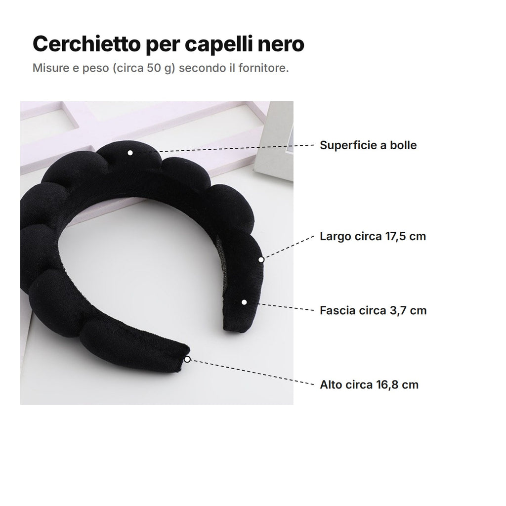 Cerchietto per capelli nero spiegato: superficie imbottita a bolle, largo circa 17,5 cm, fascia di circa 3,7 cm e alto circa 16,8 cm