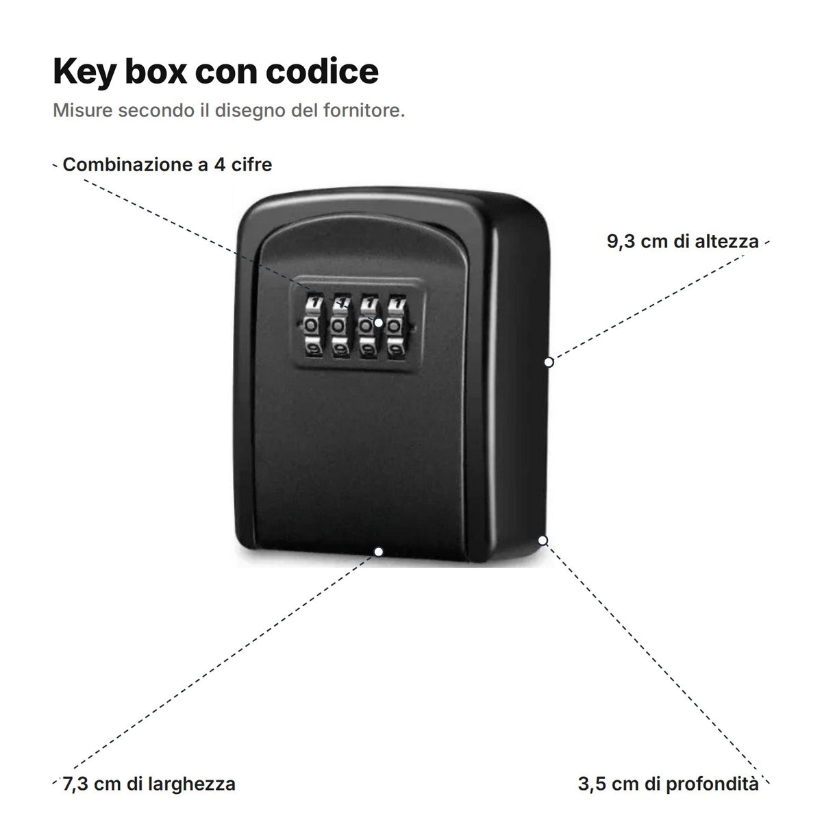 Key box con codice spiegata: combinazione a 4 cifre, 9,3 cm di altezza, 7,3 cm di larghezza e 3,5 cm di profondità