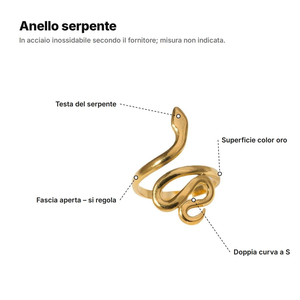 Anello serpente spiegato: testa del serpente, fascia aperta, doppia curva a S e superficie color oro