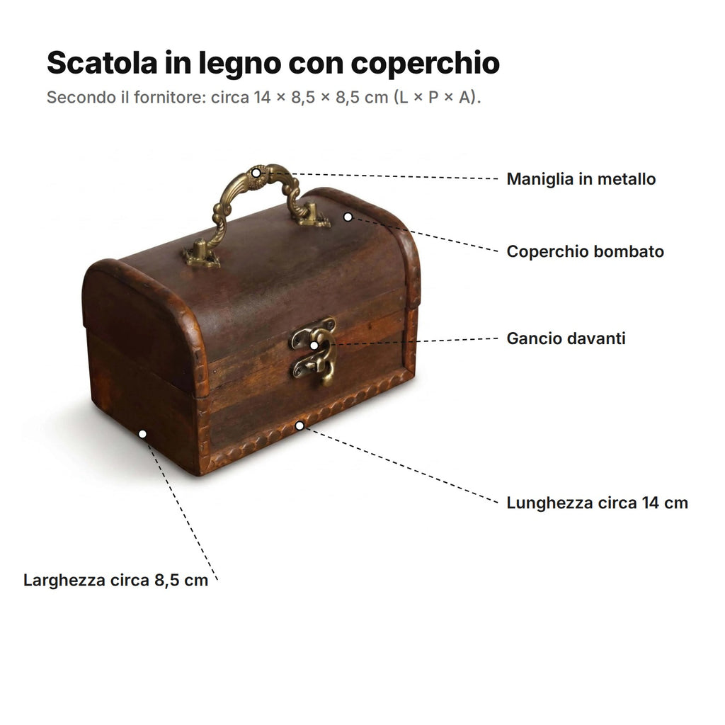 Scatola in legno con coperchio spiegata: maniglia in metallo, coperchio bombato, gancio davanti, lunghezza circa 14 cm e larghezza circa 8,5 cm