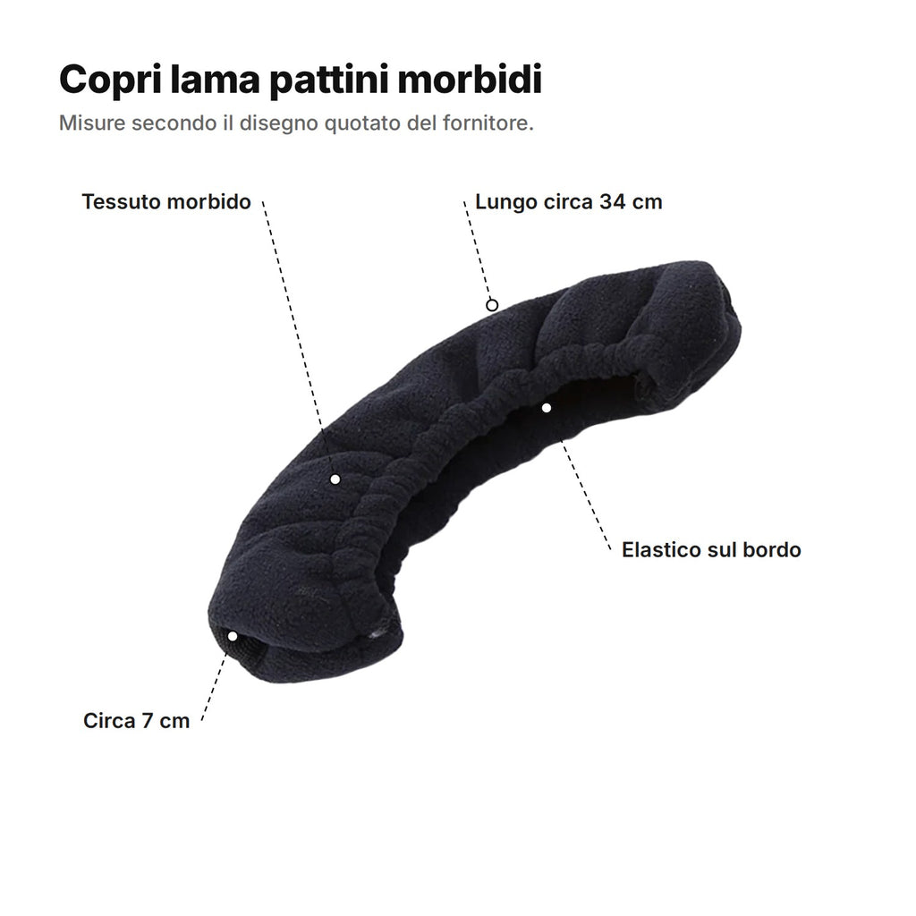 Il copri lama spiegato: lungo circa 34 cm, circa 7 cm alla punta, elastico sul bordo e tessuto morbido
