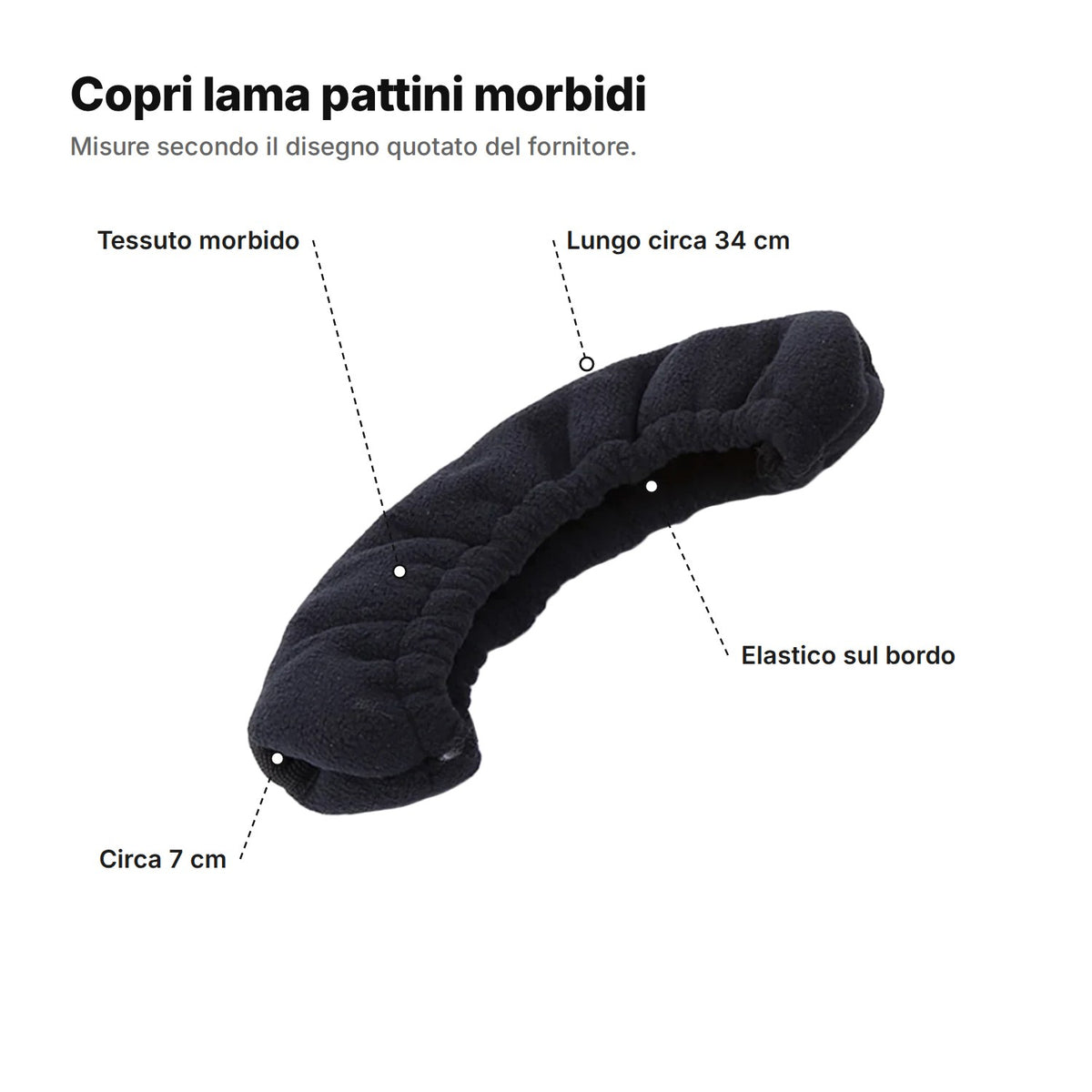 Il copri lama spiegato: lungo circa 34 cm, circa 7 cm alla punta, elastico sul bordo e tessuto morbido