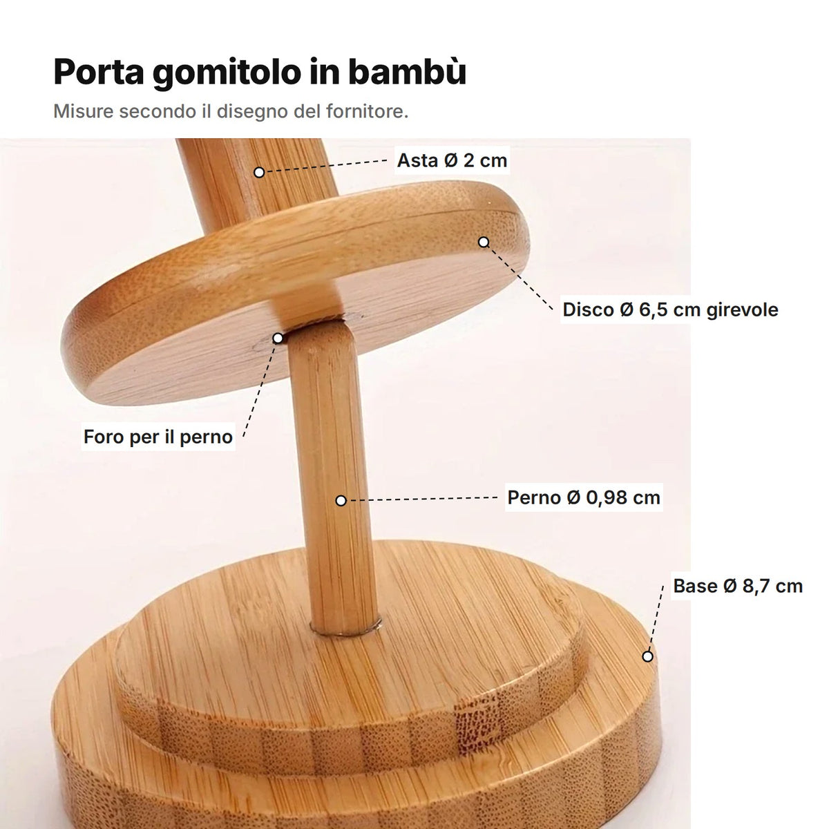 Il porta gomitolo spiegato: asta Ø 2 cm, disco girevole Ø 6,5 cm, foro per il perno sotto il disco, perno Ø 0,98 cm e base Ø 8,7 cm