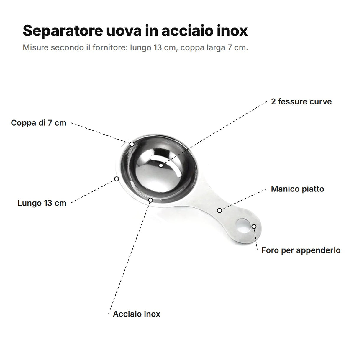 Il separatore uova spiegato: coppa di 7 cm con 2 fessure curve, manico piatto con foro per appenderlo, acciaio inox, lungo 13 cm