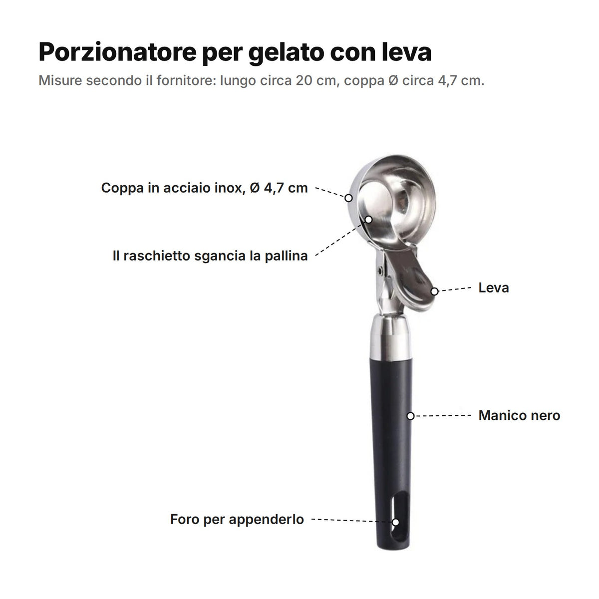 Il porzionatore spiegato: coppa in acciaio inox Ø 4,7 cm, raschietto che sgancia la pallina, leva, manico nero e foro per appenderlo
