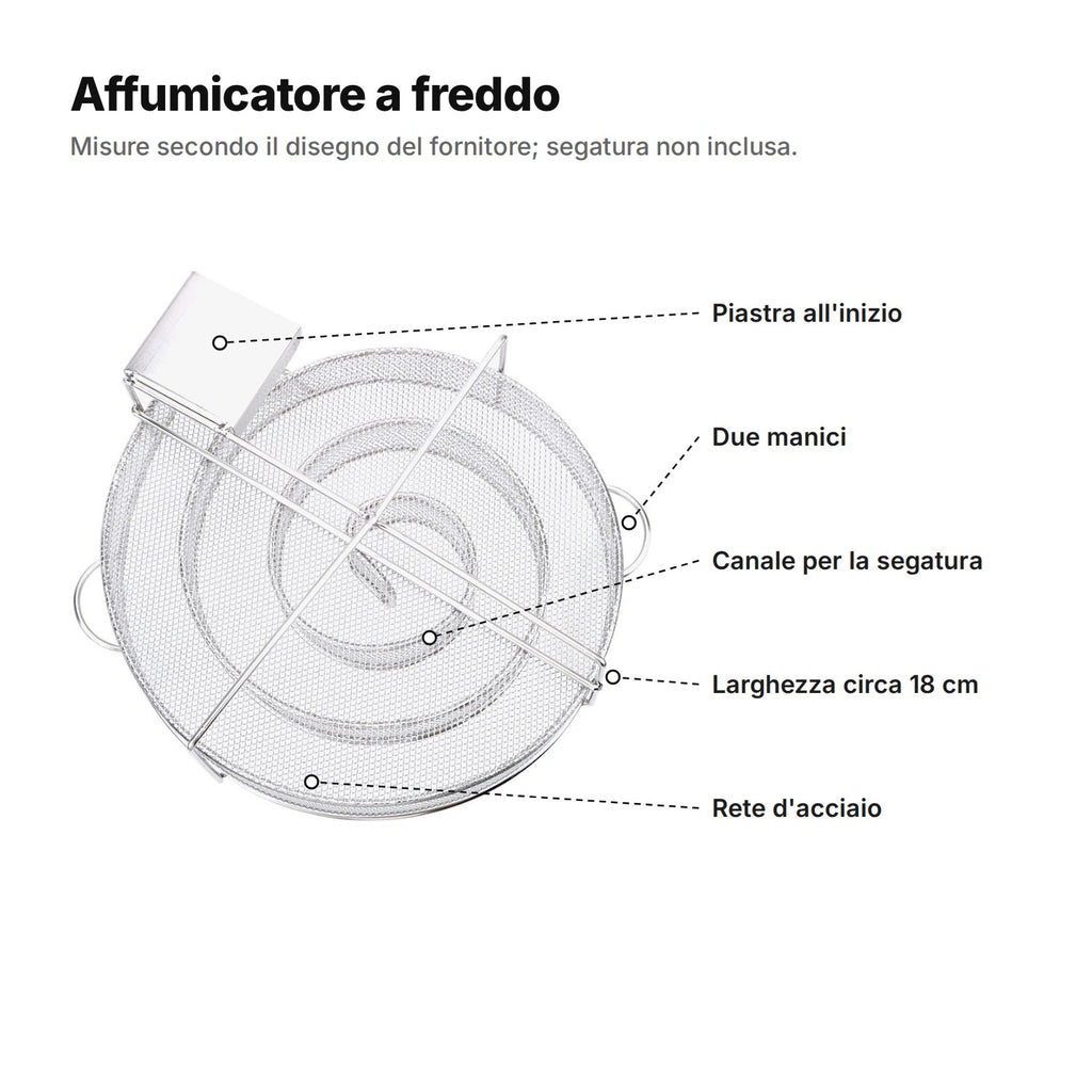 Affumicatore a freddo visto dall'alto: piastra all'inizio della spirale, due manici, canale per la segatura, larghezza circa 18 cm, rete d'acciaio