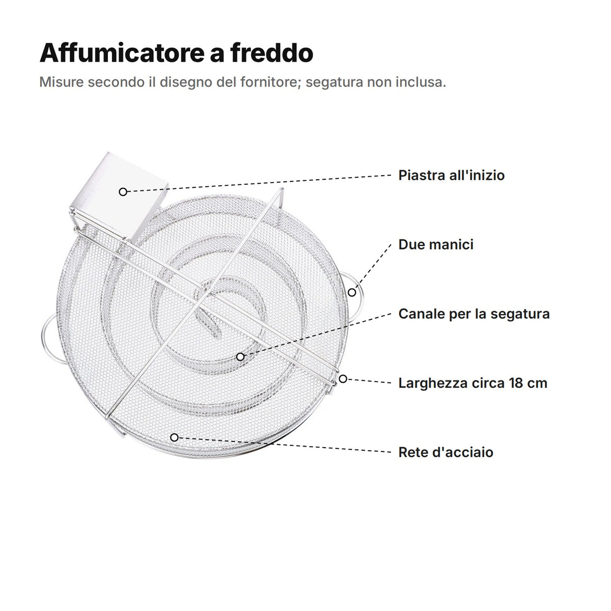 Affumicatore a freddo visto dall'alto: piastra all'inizio della spirale, due manici, canale per la segatura, larghezza circa 18 cm, rete d'acciaio
