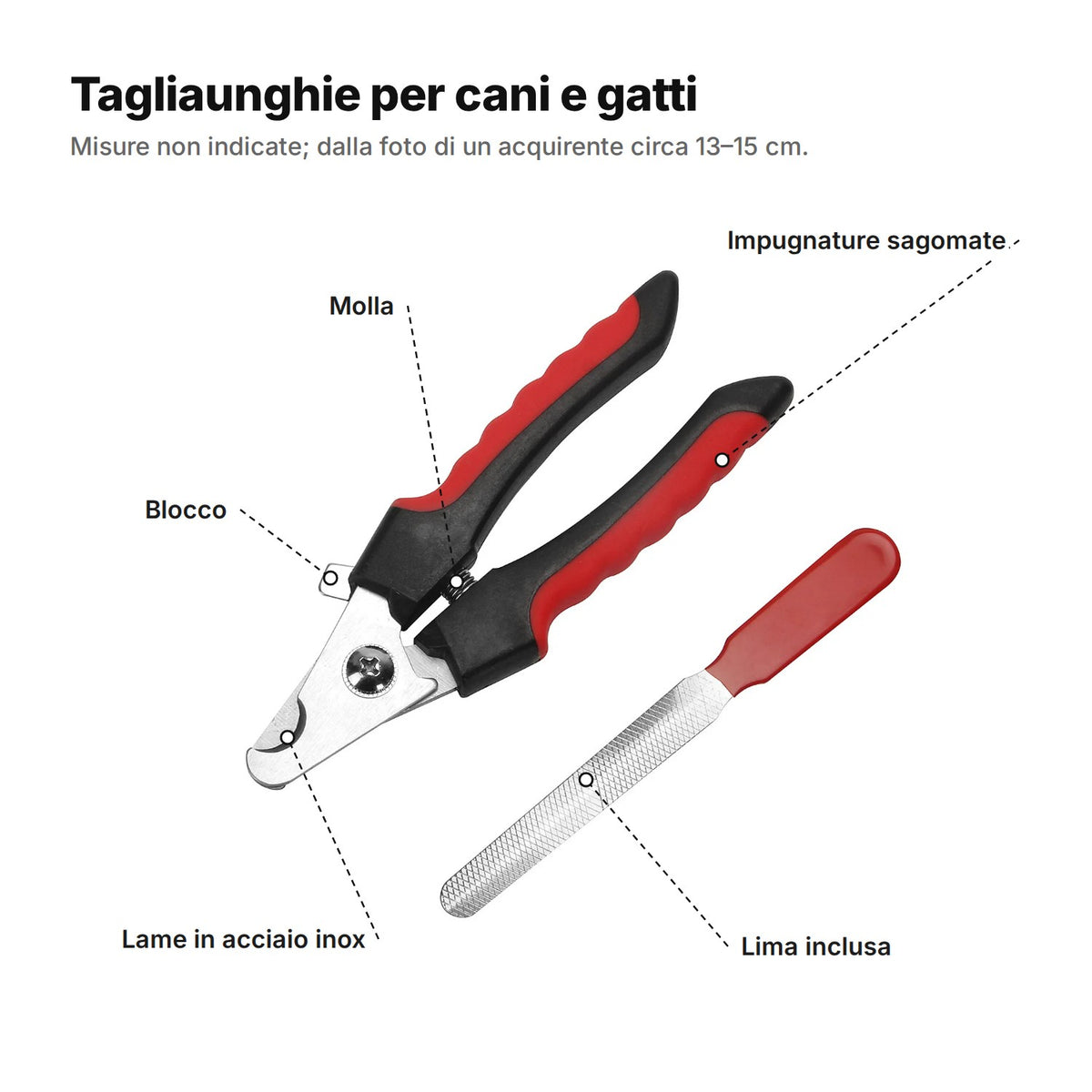 Il tagliaunghie spiegato: lame in acciaio inox, molla, blocco, impugnature sagomate e lima inclusa