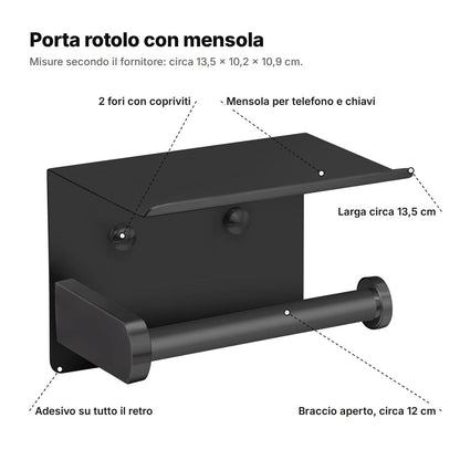 Il porta rotolo spiegato: mensola per telefono e chiavi, due fori con copriviti, adesivo su tutto il retro, braccio aperto di circa 12 cm, largo circa 13,5 cm