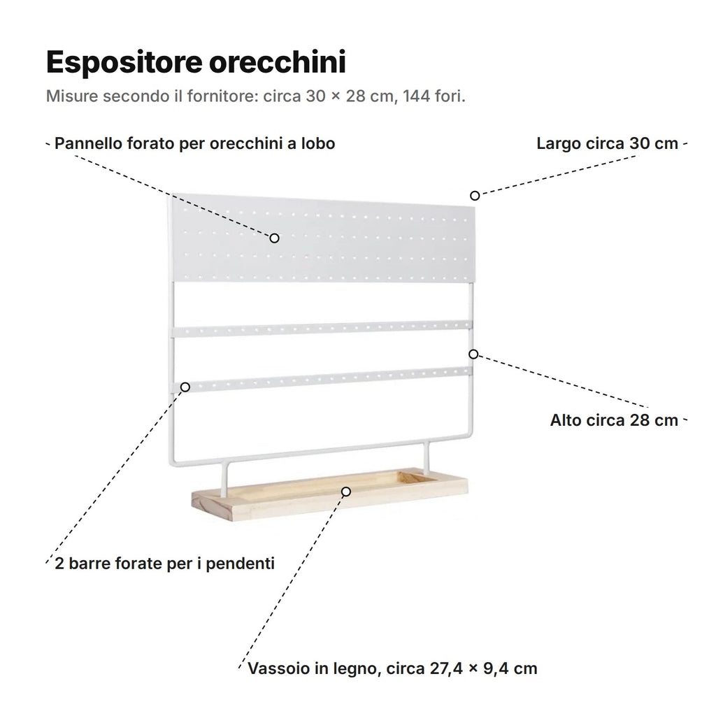 L'espositore spiegato: pannello forato per orecchini a lobo, 2 barre forate per i pendenti, vassoio in legno di circa 27,4 × 9,4 cm, largo circa 30 cm e alto circa 28 cm