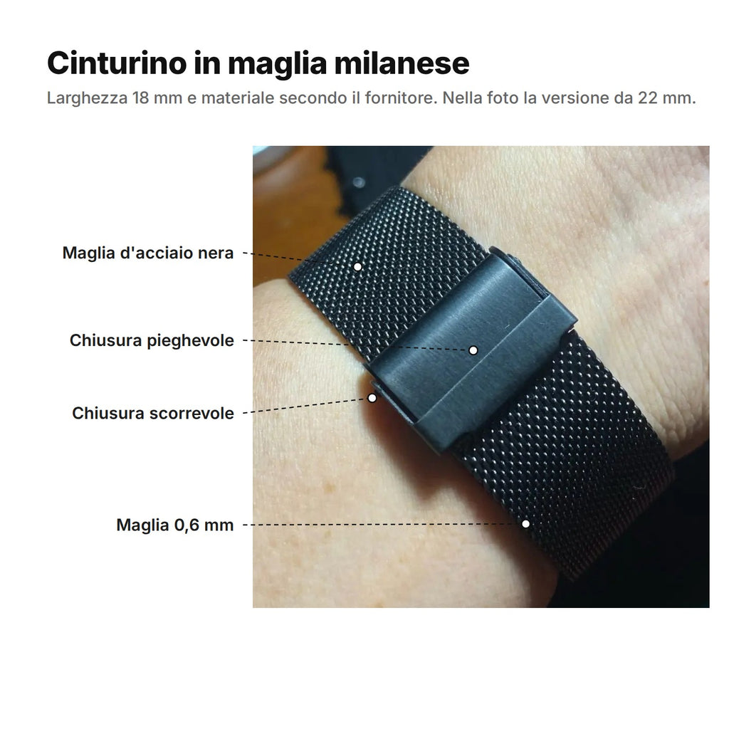 Cinturino per orologio in maglia milanese spiegato: maglia d'acciaio nera, chiusura pieghevole, chiusura scorrevole, maglia da 0,6 mm (nella foto la versione da 22 mm)