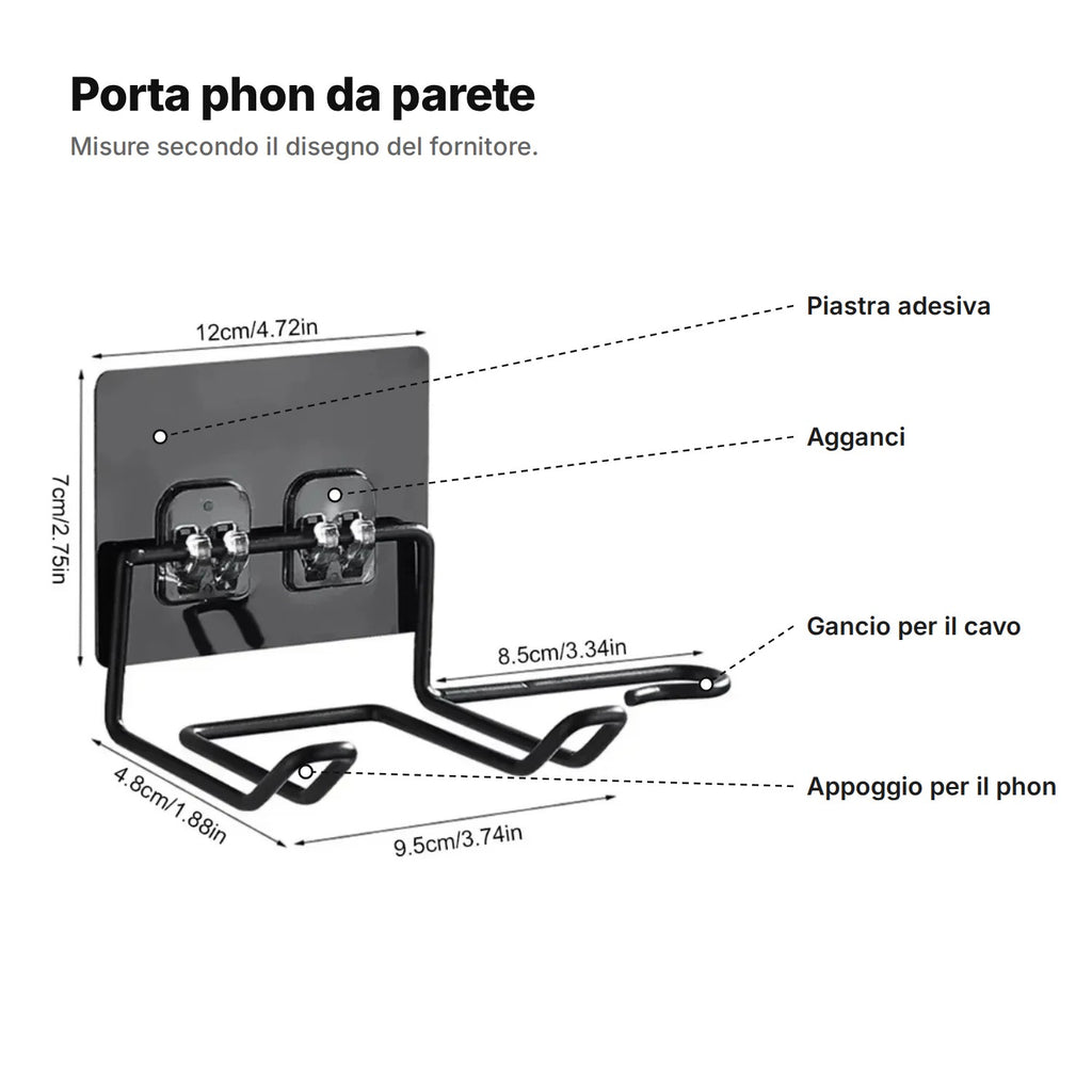 Porta phon da parete spiegato: piastra adesiva 12 × 7 cm, agganci, appoggio per il phon 9,5 × 4,8 cm e gancio per il cavo 8,5 cm