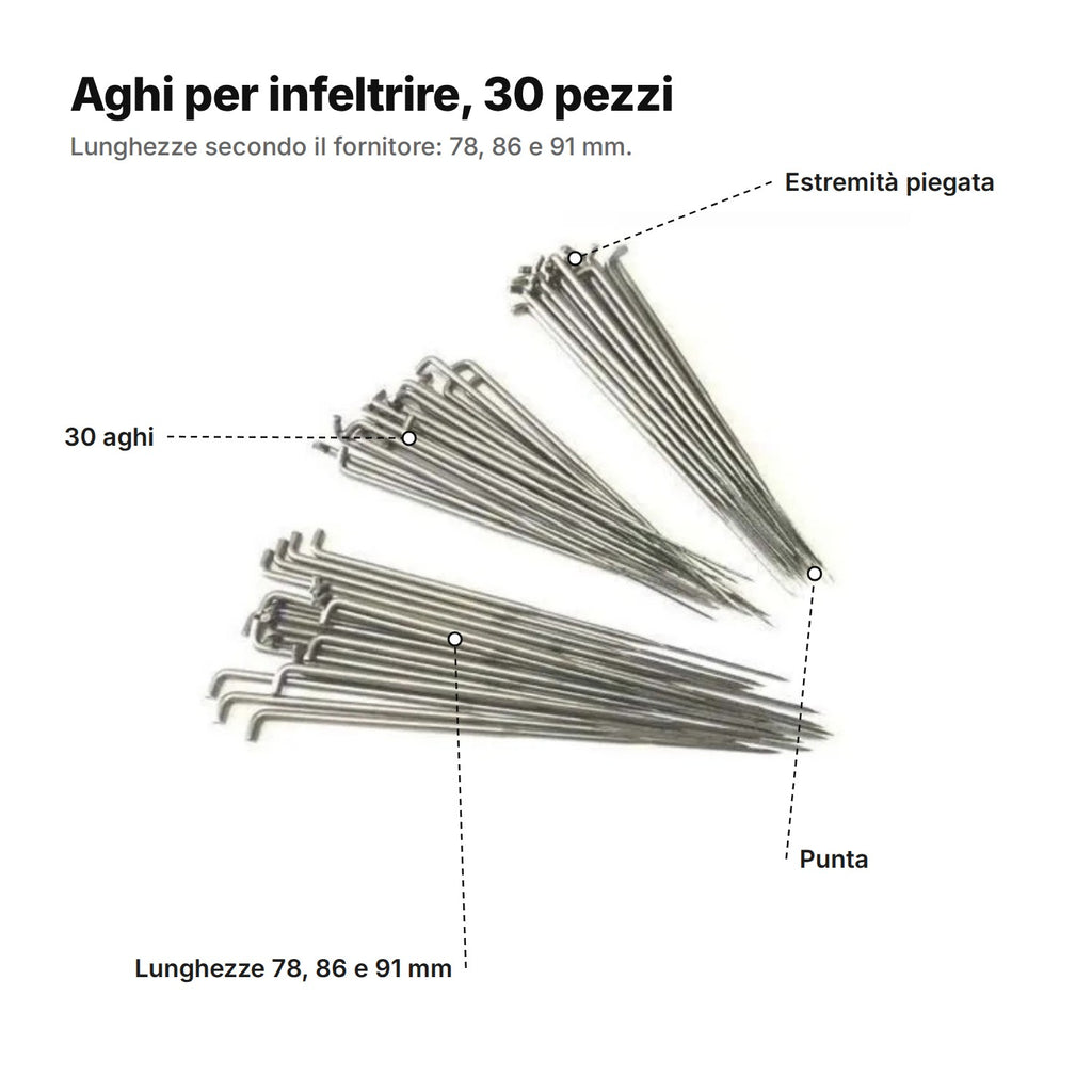 Aghi per infeltrire spiegati: estremità piegata, punta, 30 aghi, lunghezze 78, 86 e 91 mm