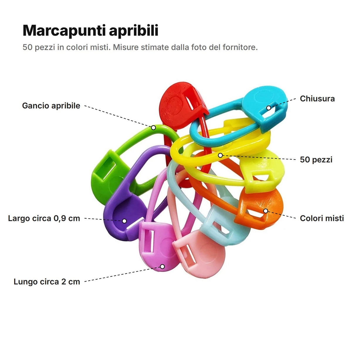 I marcapunti spiegati: gancio apribile, chiusura, largo circa 0,9 cm, lungo circa 2 cm, 50 pezzi in colori misti
