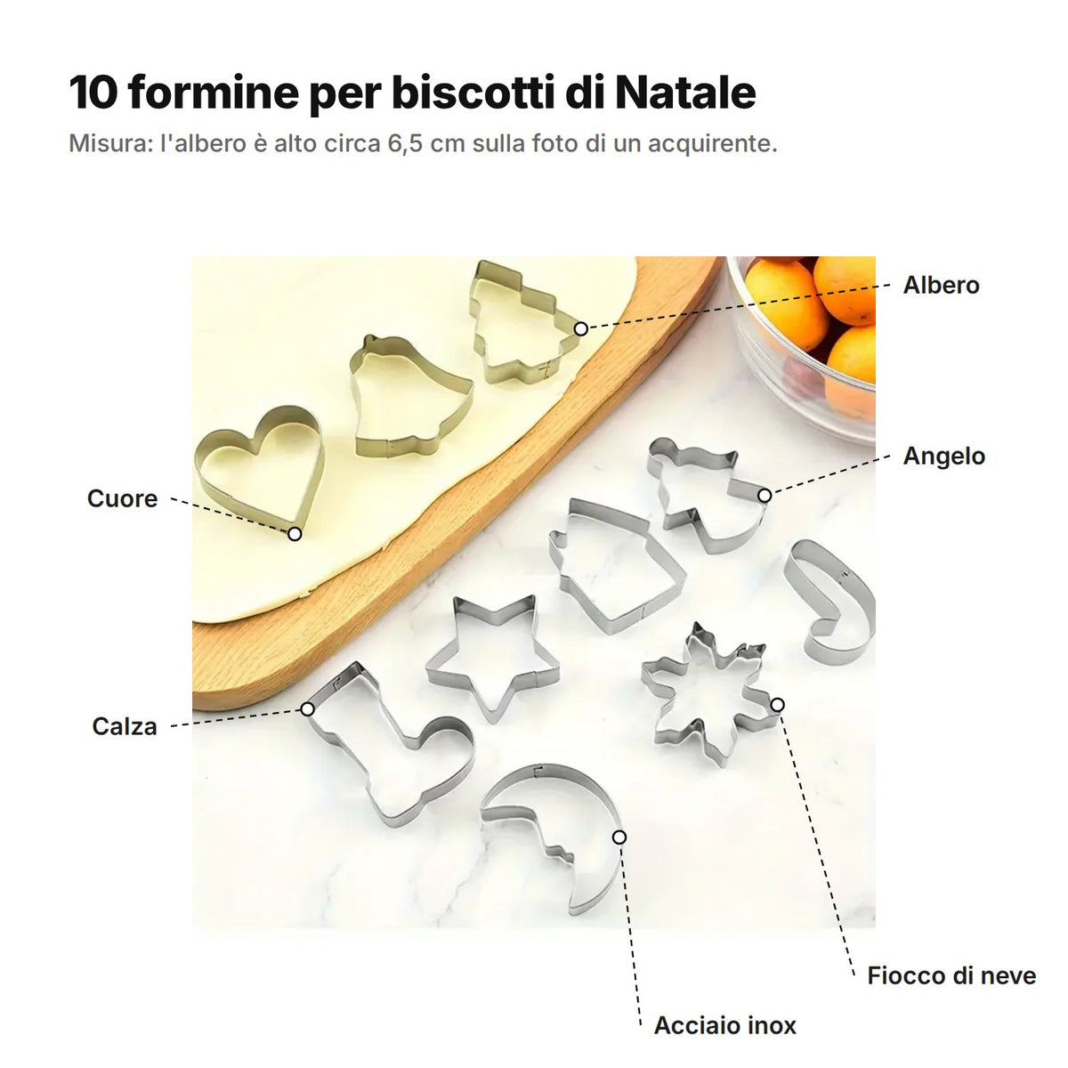 Le formine spiegate: 10 soggetti natalizi in acciaio inox, tra cui albero, cuore, angelo, fiocco di neve e calza; l'albero è alto circa 6,5 cm