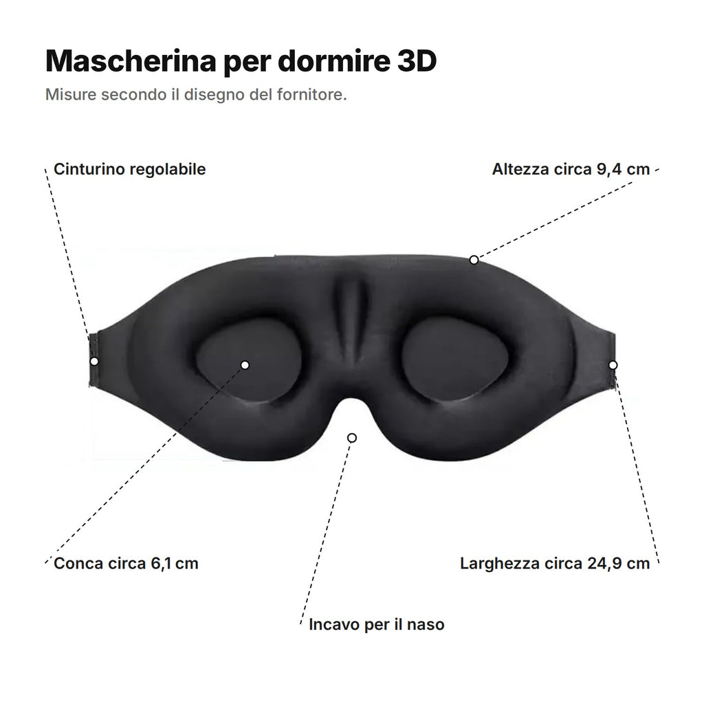 Mascherina per dormire 3D spiegata: cinturino regolabile, altezza circa 9,4 cm, conca circa 6,1 cm, incavo per il naso e larghezza circa 24,9 cm