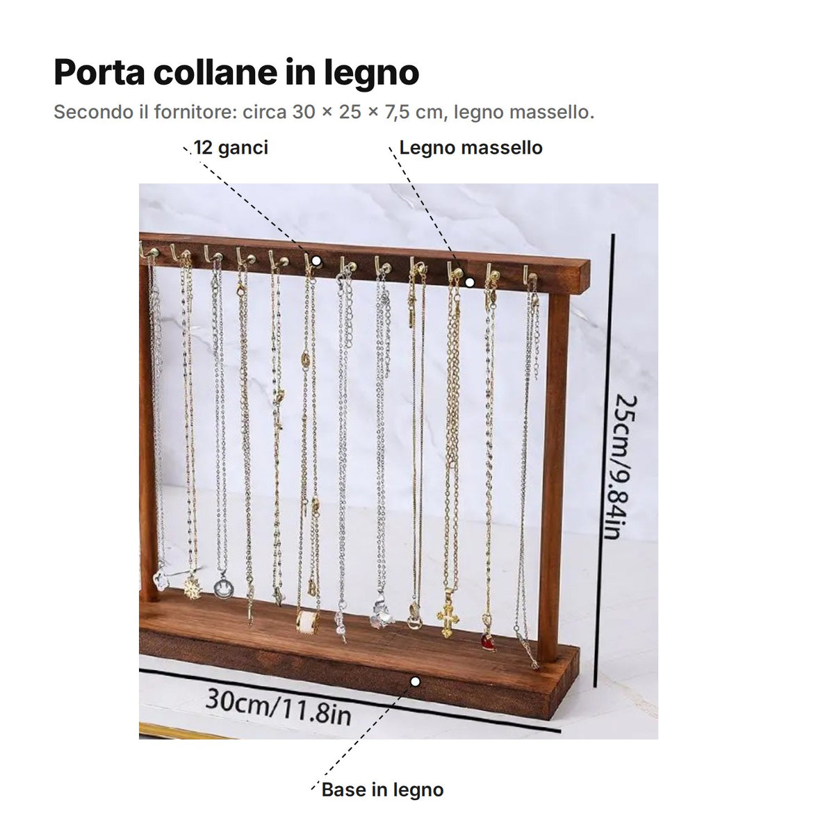 Porta collane in legno spiegato: 12 ganci, legno massello, base in legno; circa 30 × 25 × 7,5 cm secondo il fornitore