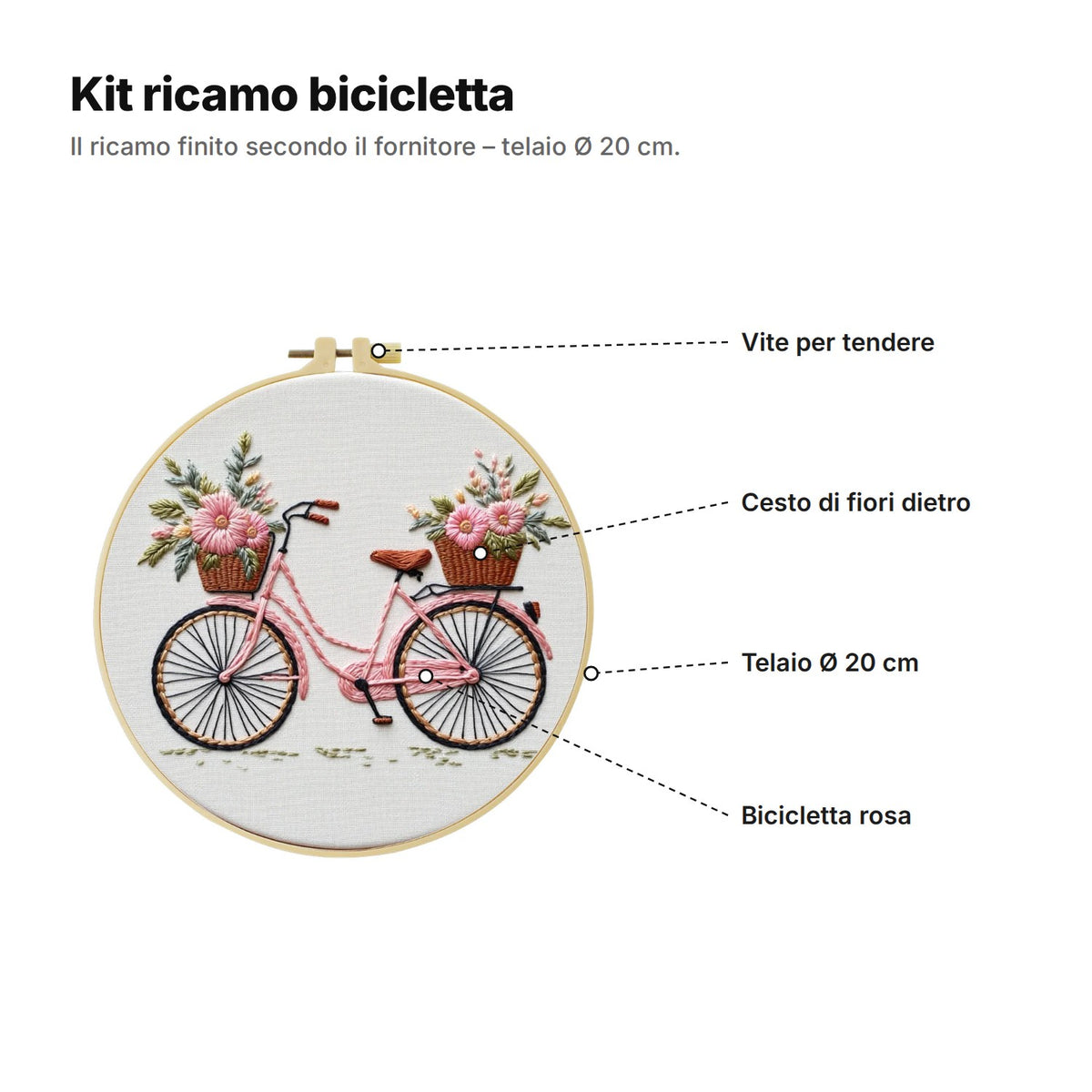 Kit ricamo bicicletta spiegato: vite per tendere il telaio, cesto di fiori dietro, telaio Ø 20 cm e bicicletta rosa
