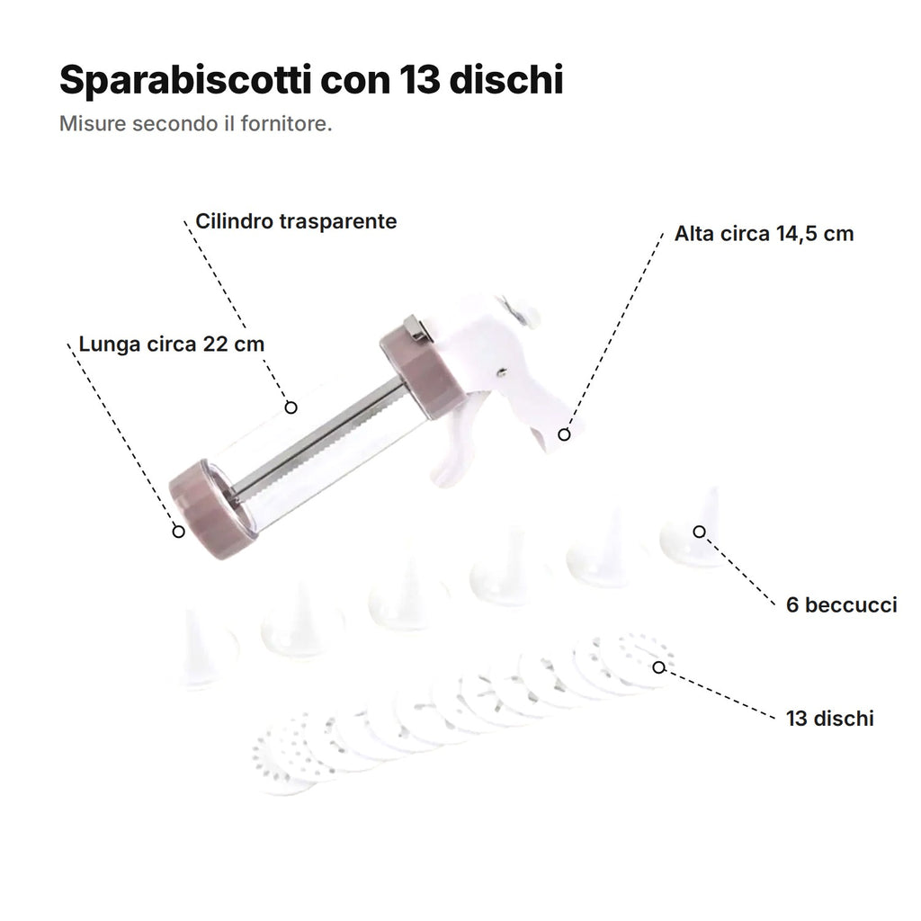 La sparabiscotti spiegata: lunga circa 22 cm, alta circa 14,5 cm, cilindro trasparente, 6 beccucci e 13 dischi