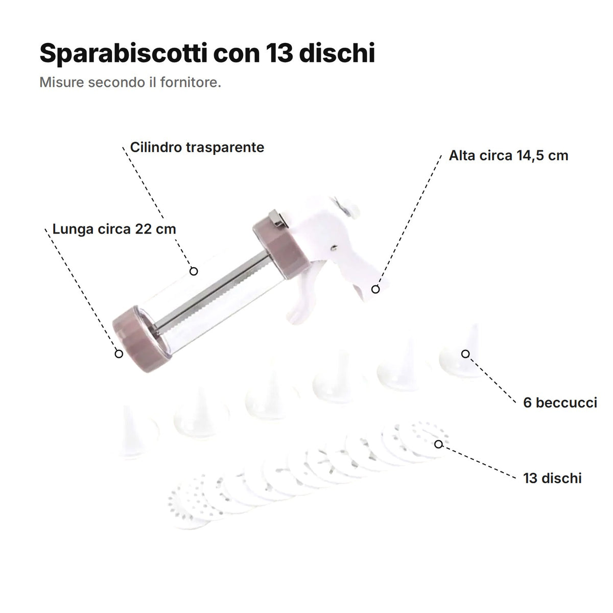 La sparabiscotti spiegata: lunga circa 22 cm, alta circa 14,5 cm, cilindro trasparente, 6 beccucci e 13 dischi