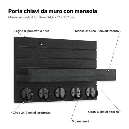Il porta chiavi da muro spiegato: legno di paulownia nero, mensola profonda circa 9 cm all'interno, 5 ganci neri, circa 24,9 cm di larghezza e 17 cm di altezza