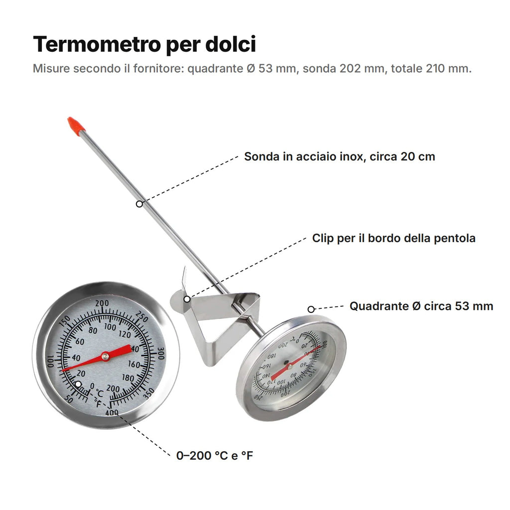 Termometro per dolci spiegato: sonda in acciaio inox circa 20 cm, clip per il bordo della pentola, quadrante Ø circa 53 mm e scala 0–200 °C e °F