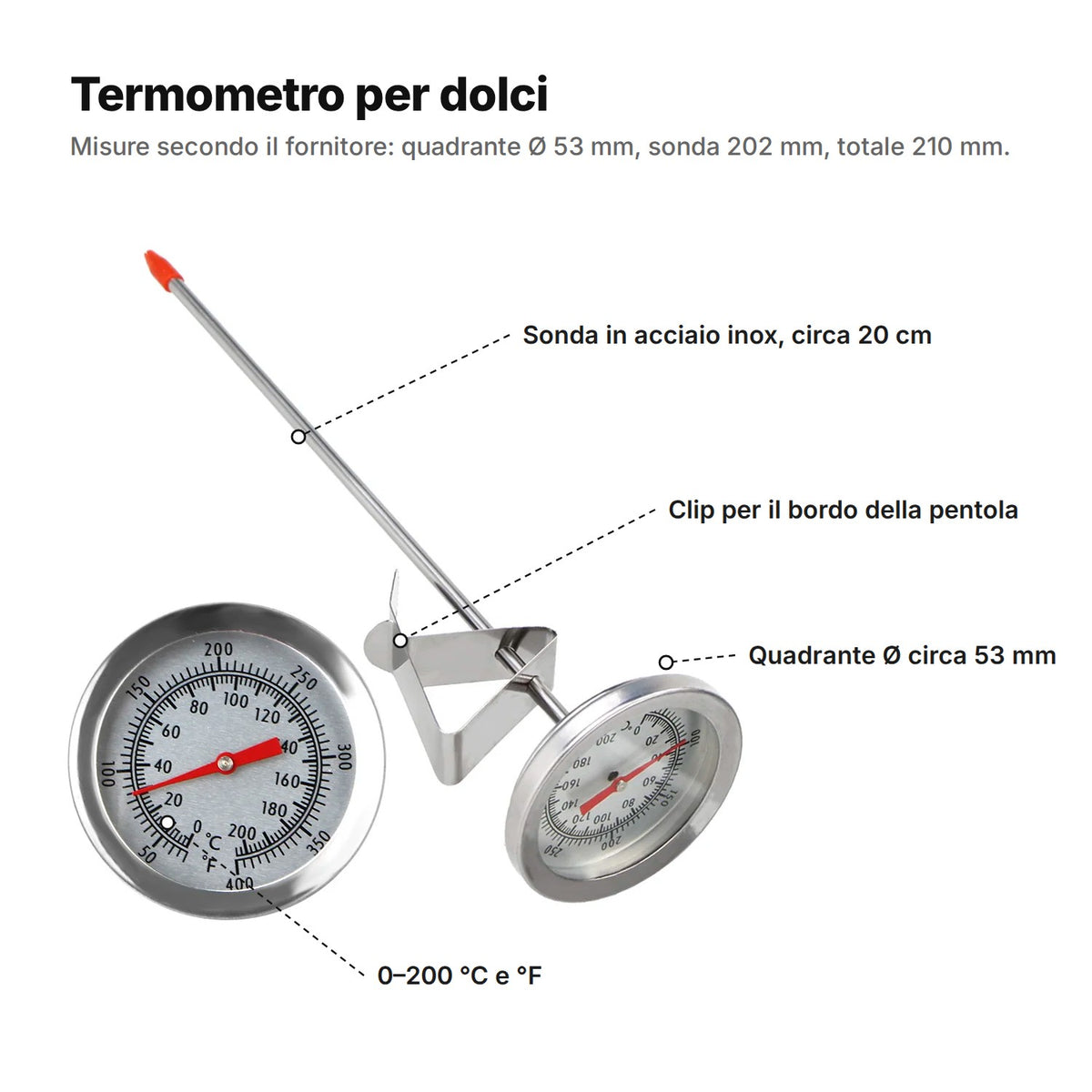Termometro per dolci spiegato: sonda in acciaio inox circa 20 cm, clip per il bordo della pentola, quadrante Ø circa 53 mm e scala 0–200 °C e °F