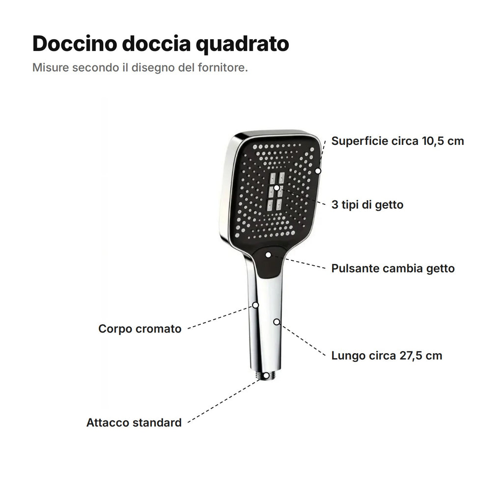 Doccino doccia spiegato: superficie di circa 10,5 cm, 3 tipi di getto, pulsante per cambiare getto, lungo circa 27,5 cm, corpo cromato e attacco standard