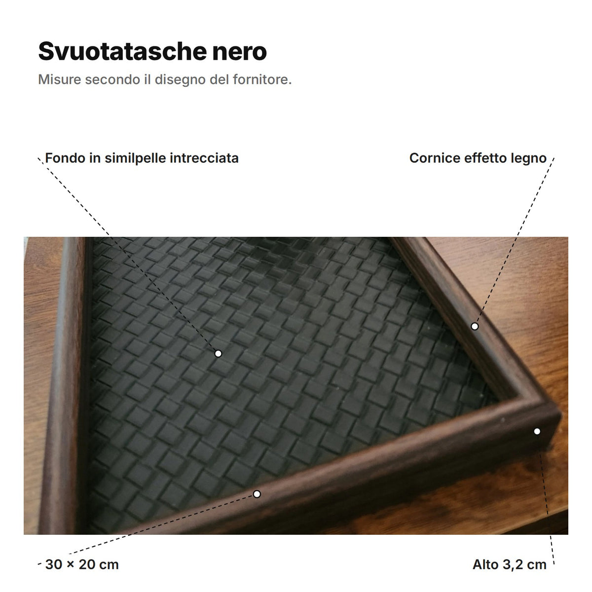 Svuotatasche nero spiegato: fondo in similpelle intrecciata, cornice effetto legno, 30 × 20 cm, alto 3,2 cm