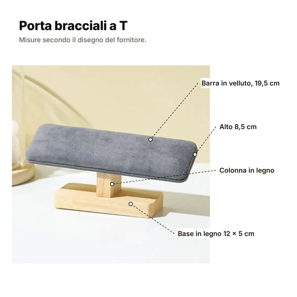 Porta bracciali a T spiegato: barra in velluto di 19,5 cm, altezza 8,5 cm, colonna in legno e base in legno di 12 × 5 cm
